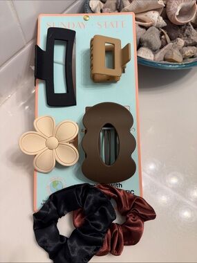 Sunday State Hair Clip Set - Black, Tan, Cream, Brown, Rust with satin scrunchie